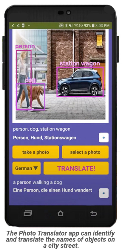The Photo Translator app can identify and translate the names of objects on a city street.